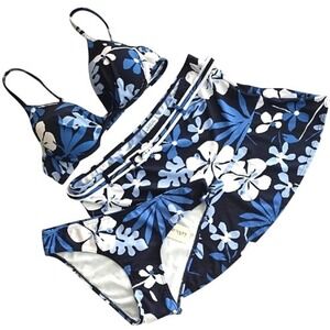 NWT Aqua Rose Women's Three Piece Bikini Set Blue White Floral L